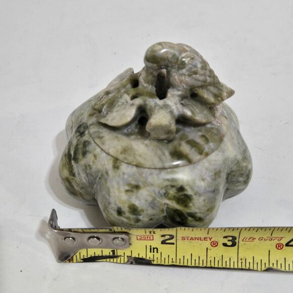 Vintage hand Carved Green Soapstone Bird On leaves Trinket Box 3" tall Stone - Picture 8 of 8